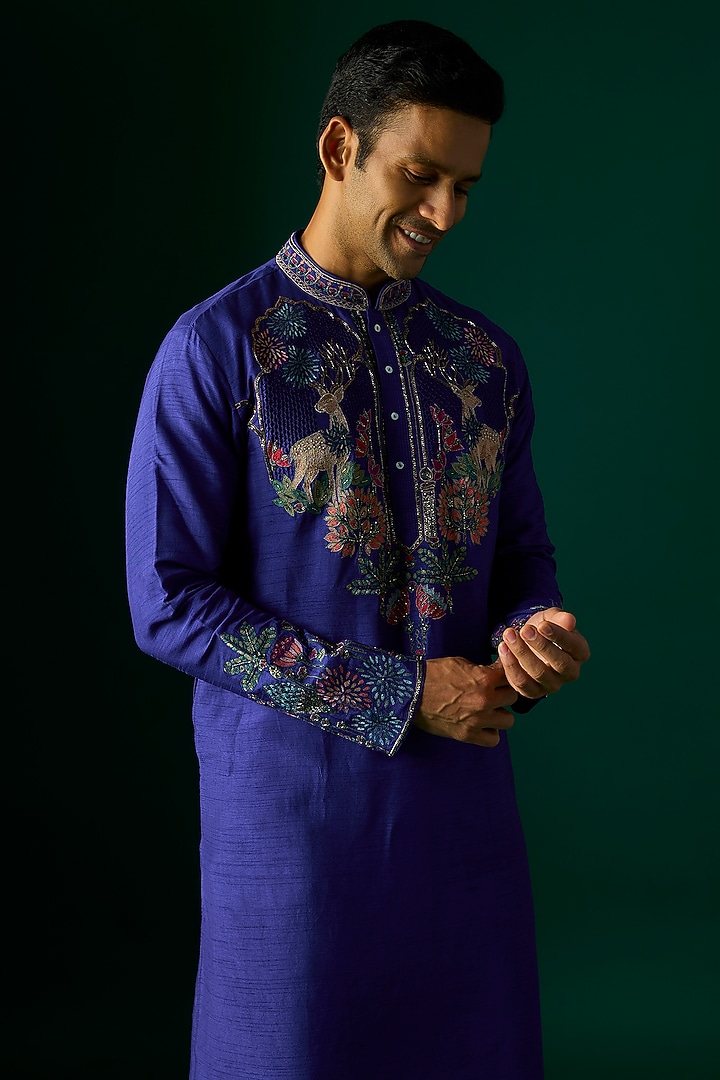 Blue Silk Kurta Set by SAMMOHAN at Pernia's Pop Up Shop