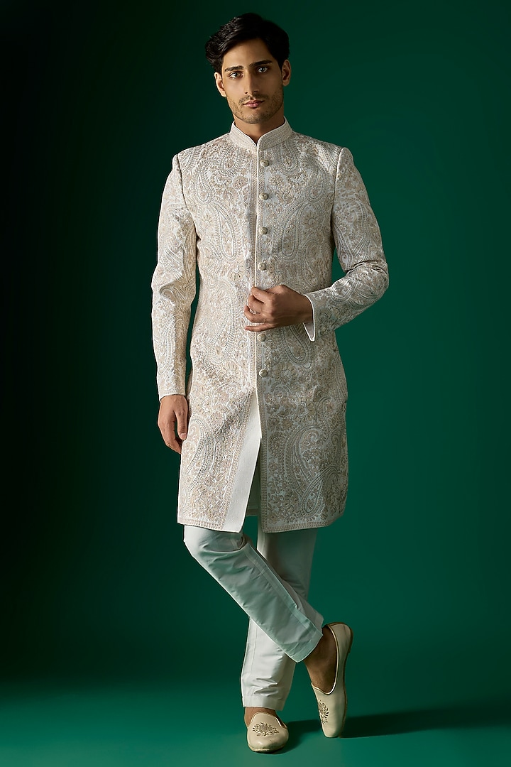 Off-White Silk Groom Sherwani Set by SAMMOHAN at Pernia's Pop Up Shop