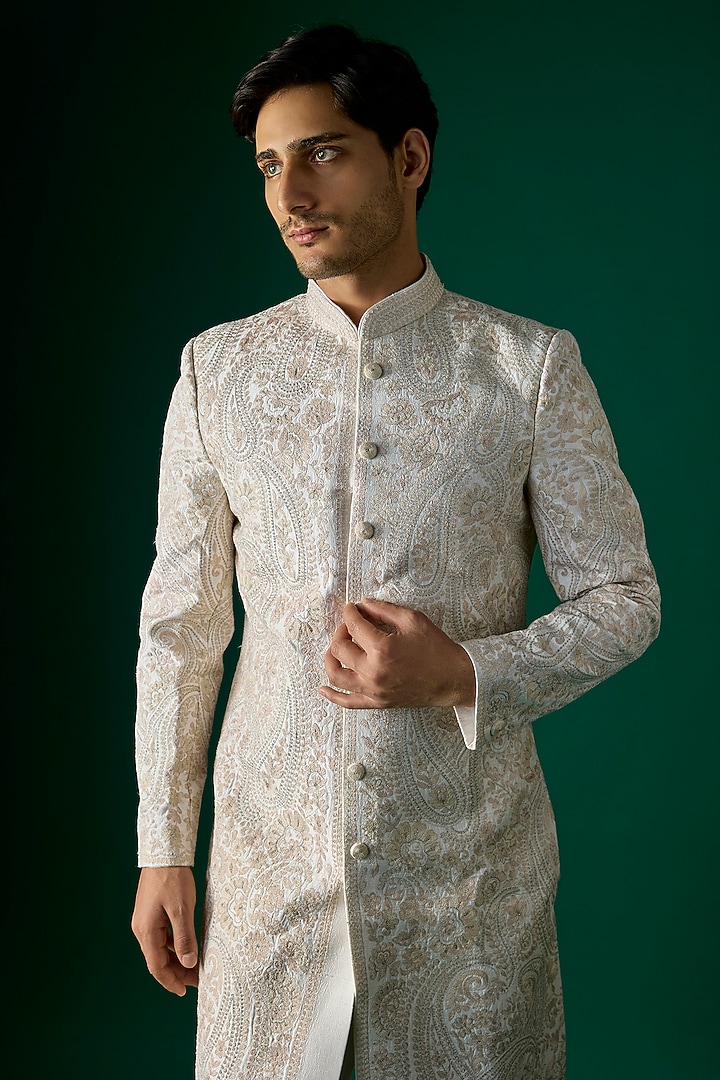 Off-White Silk Groom Sherwani Set by SAMMOHAN at Pernia's Pop Up Shop