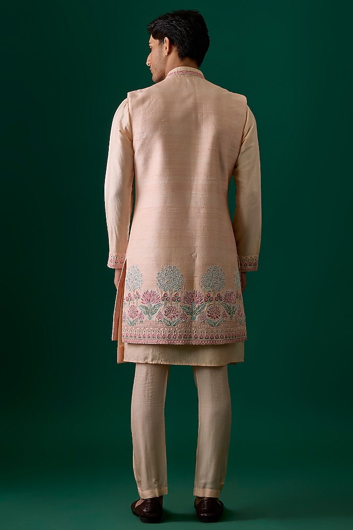 Peach Raw Silk Hand & Machine Embroidered Indowestern Set by SAMMOHAN at Pernia's Pop Up Shop