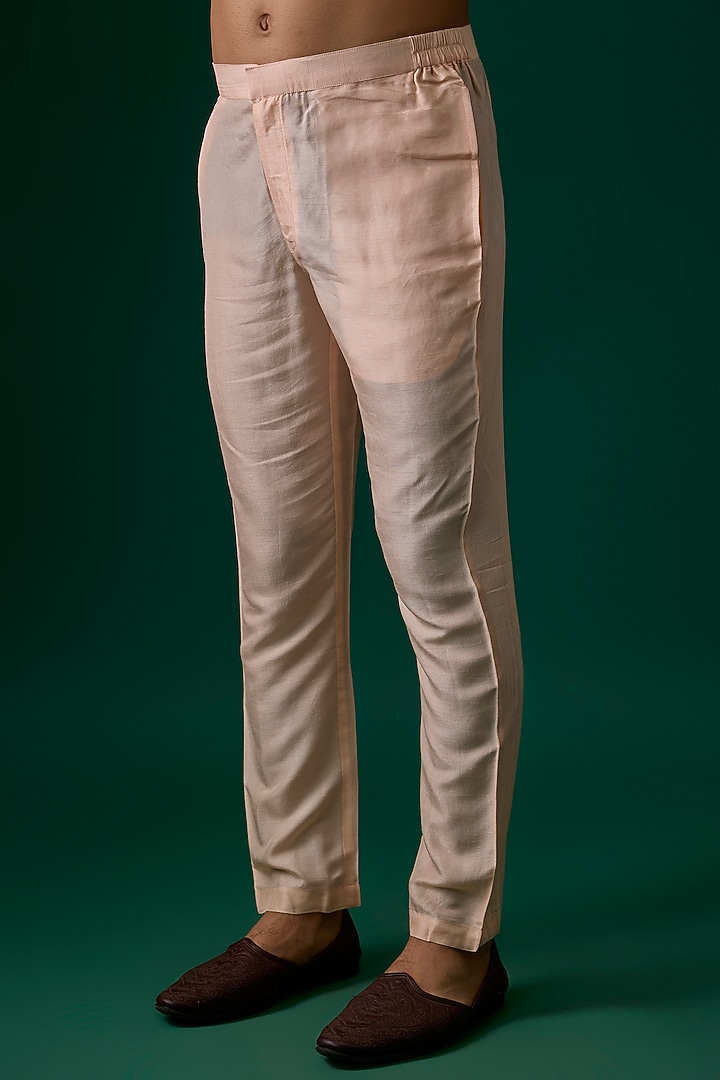 Peach Raw Silk Hand & Machine Embroidered Indowestern Set by SAMMOHAN at Pernia's Pop Up Shop