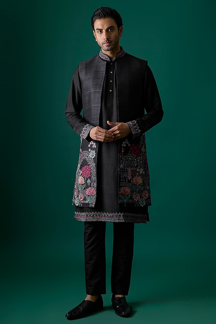 Black Silk Groom Indowestern Set by SAMMOHAN at Pernia's Pop Up Shop