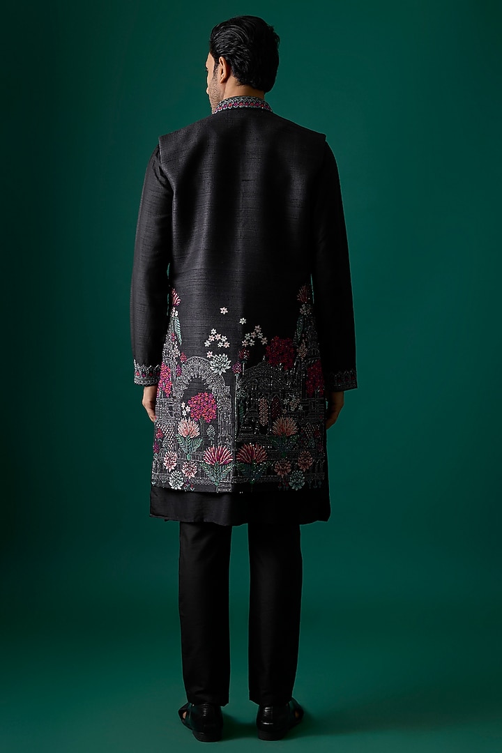 Black Silk Groom Indowestern Set by SAMMOHAN at Pernia's Pop Up Shop