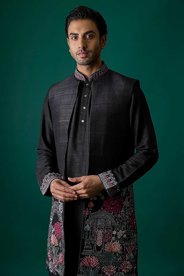 Black Silk Groom Indowestern Set by SAMMOHAN at Pernia's Pop Up Shop