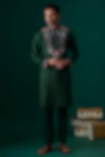 Green Silk Embroidered Kurta Set by SAMMOHAN