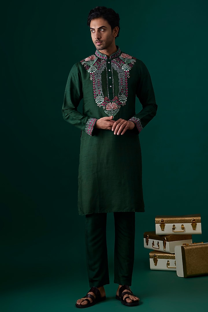Green Silk Embroidered Kurta Set by SAMMOHAN