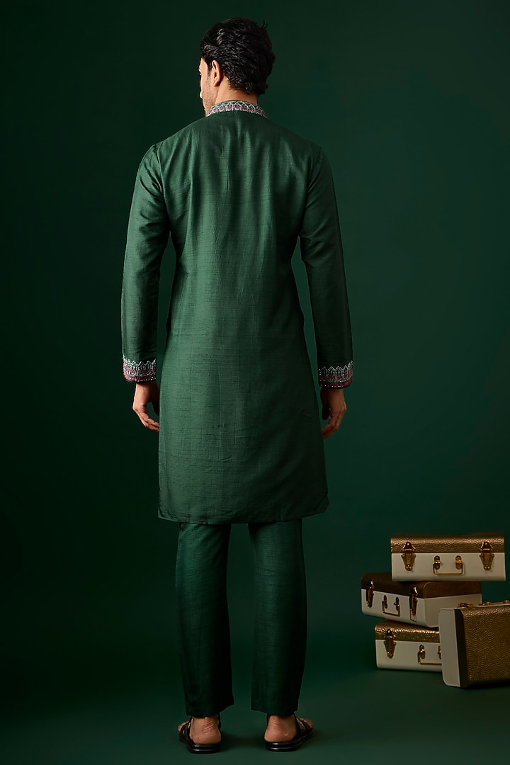 Green Silk Embroidered Kurta Set by SAMMOHAN at Pernia's Pop Up Shop