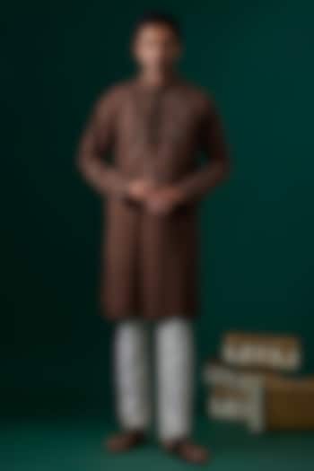 Brown Silk Embroidered Kurta Set by SAMMOHAN