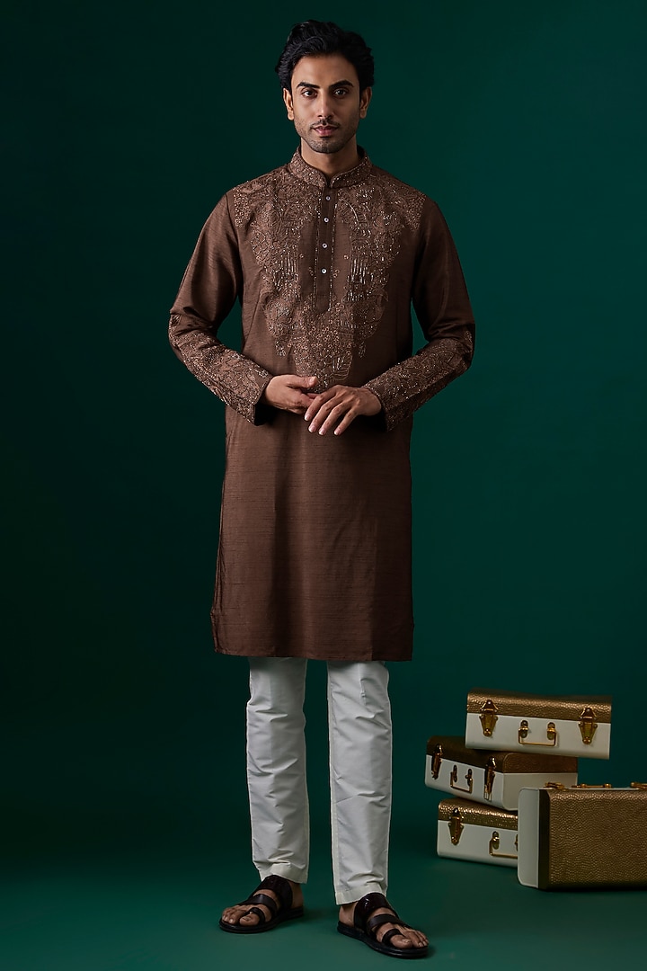 Brown Silk Embroidered Kurta Set by SAMMOHAN