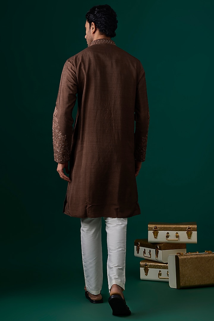Brown Silk Embroidered Kurta Set by SAMMOHAN at Pernia's Pop Up Shop