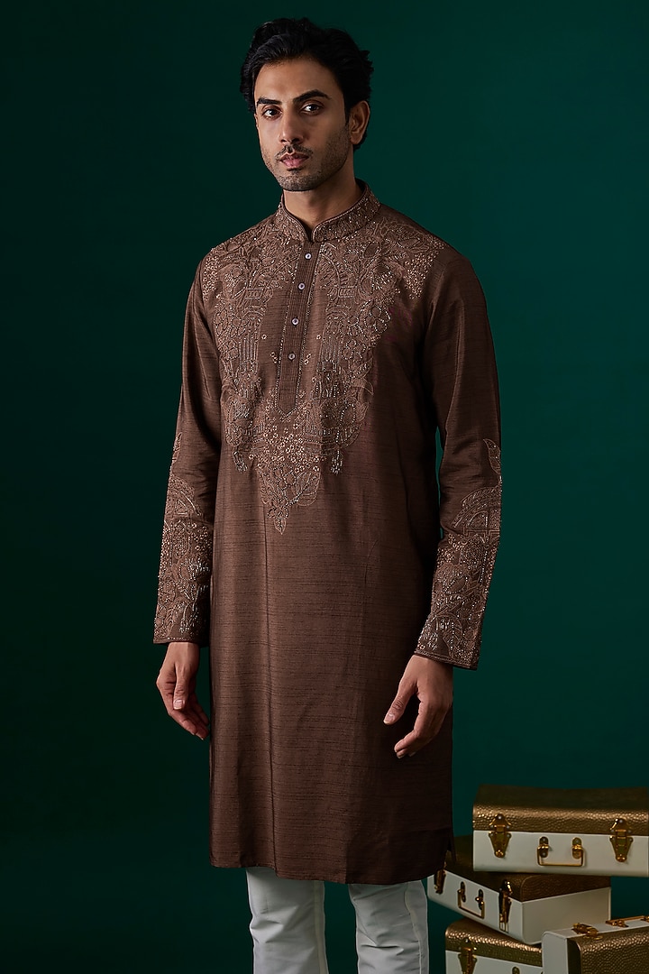 Brown Silk Embroidered Kurta Set by SAMMOHAN at Pernia's Pop Up Shop