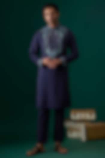 Blue Silk Embroidered Kurta Set by SAMMOHAN