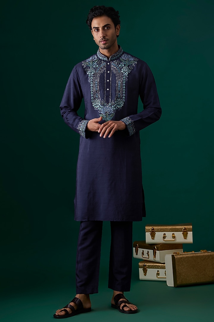 Blue Silk Embroidered Kurta Set by SAMMOHAN