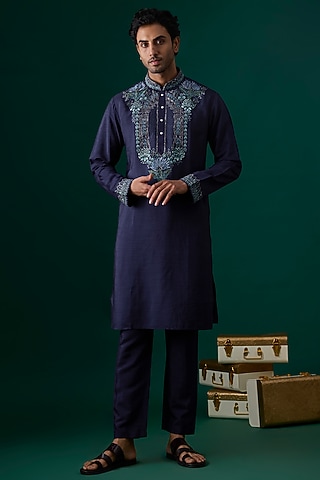 Blue Silk Embroidered Kurta Set by SAMMOHAN
