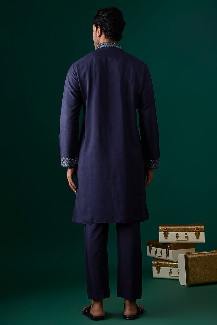 Blue Silk Embroidered Kurta Set by SAMMOHAN at Pernia's Pop Up Shop