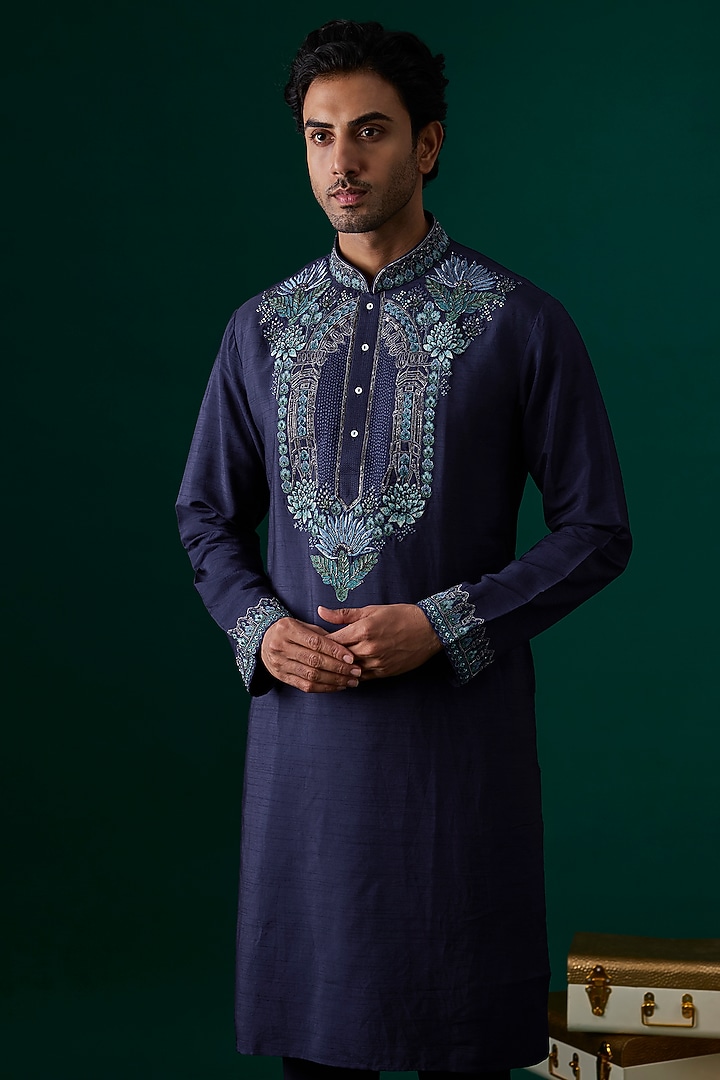 Blue Silk Embroidered Kurta Set by SAMMOHAN at Pernia's Pop Up Shop