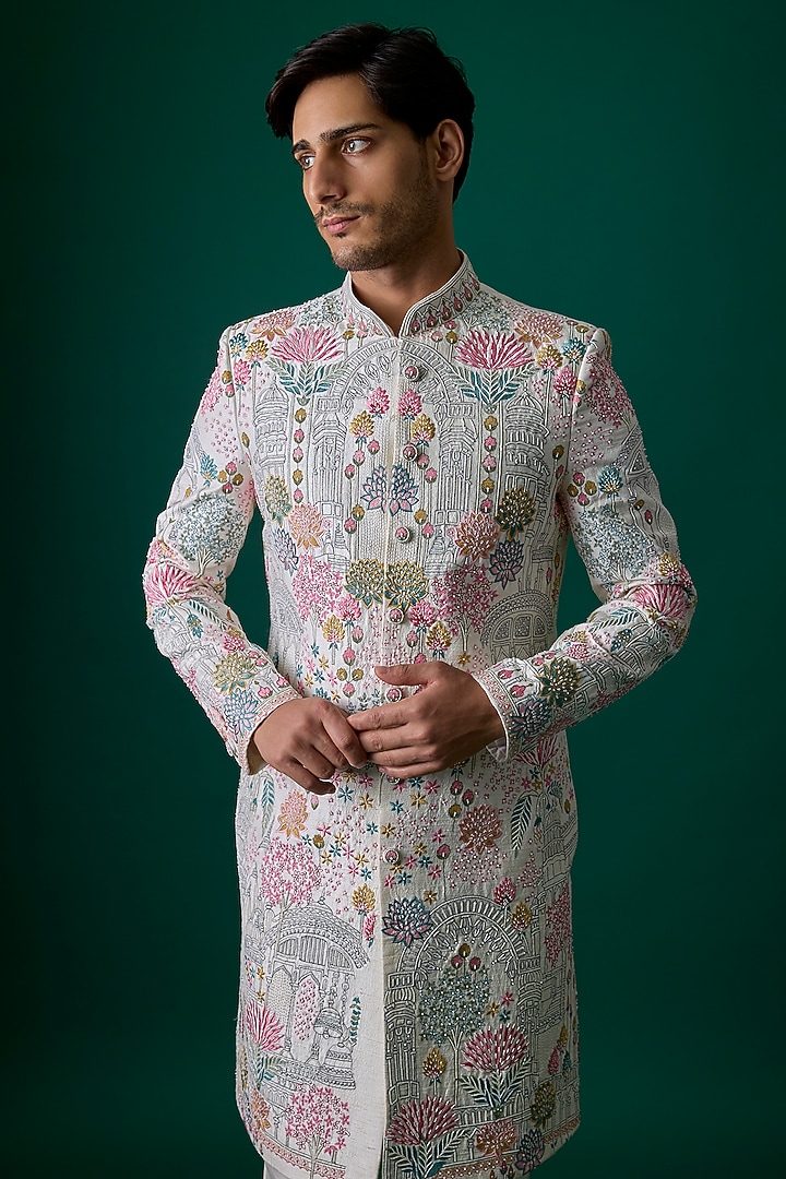 Off-White Silk Groom Sherwani Set by SAMMOHAN at Pernia's Pop Up Shop