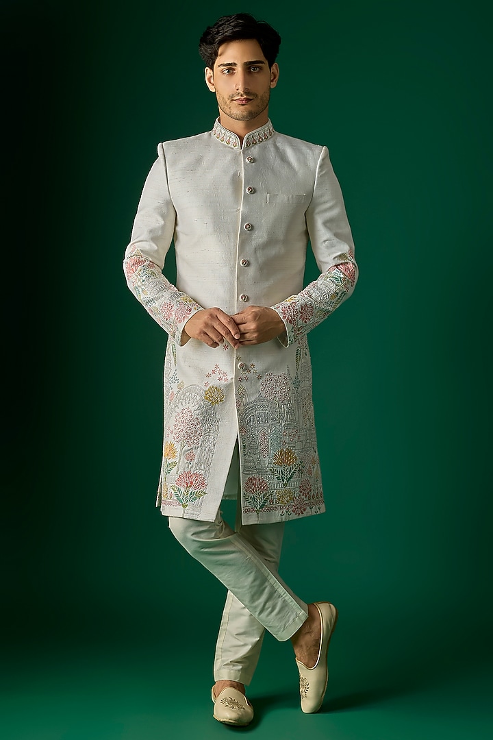 Off-White Silk Groom Sherwani Set by SAMMOHAN at Pernia's Pop Up Shop