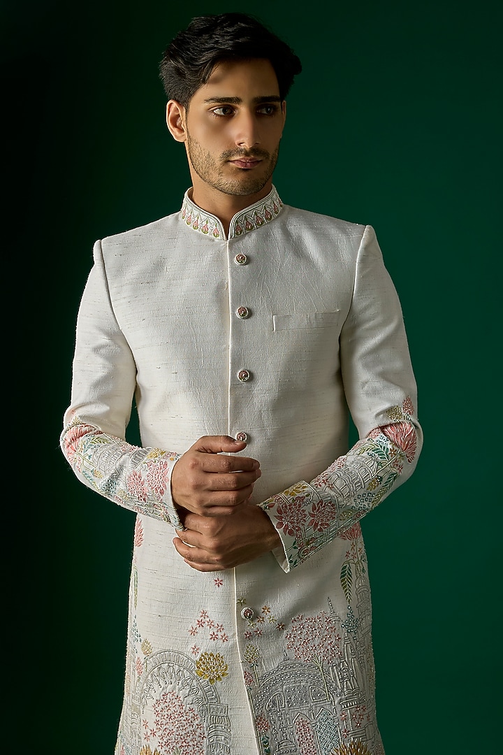 Off-White Silk Groom Sherwani Set by SAMMOHAN at Pernia's Pop Up Shop