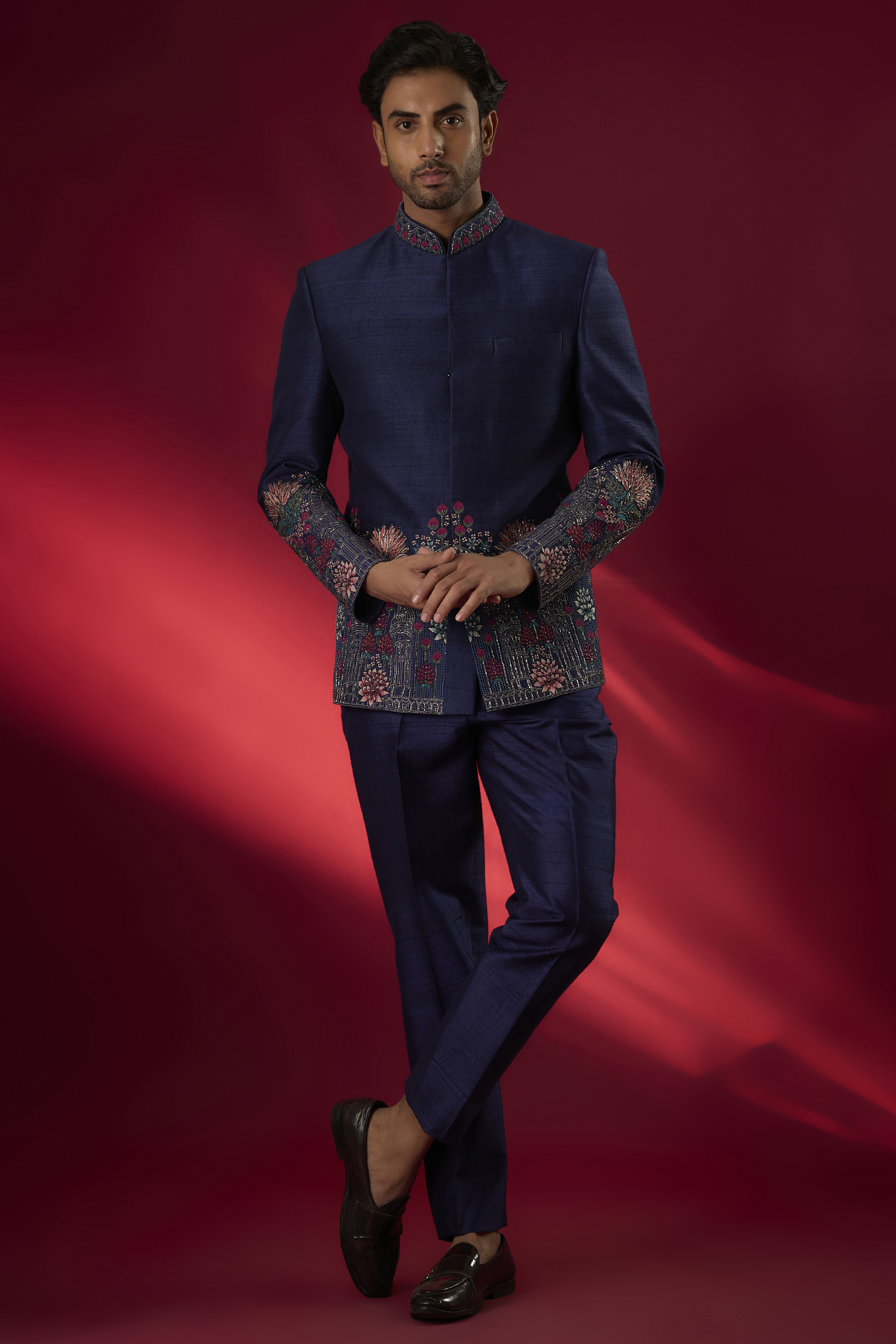 Navy Blue Raw Silk Hand & Machine Embroidered Bandhgala Set by SAMMOHAN