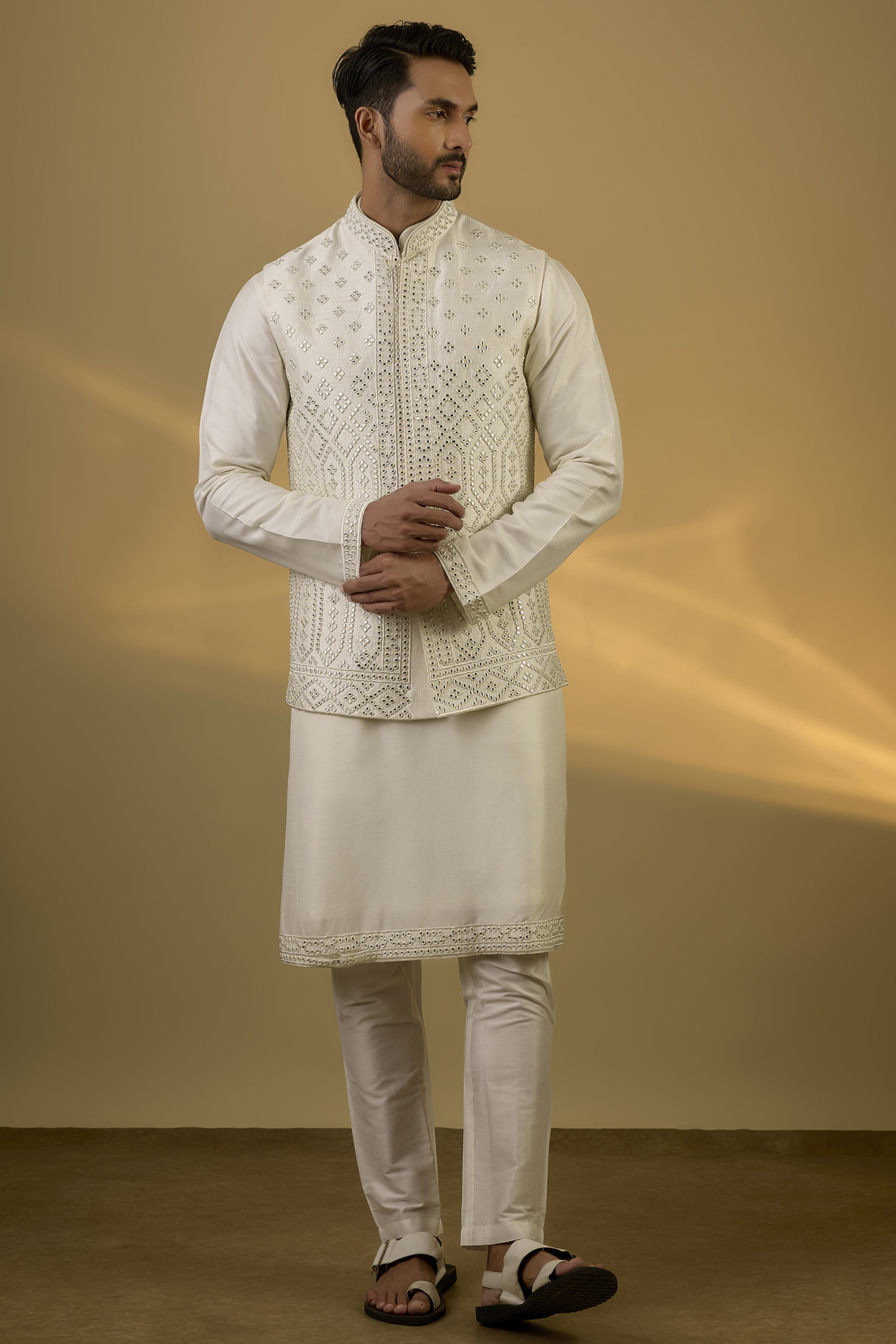 Off-White Raw Silk Mirror Embroidered Bundi Jacket Set by SAMMOHAN