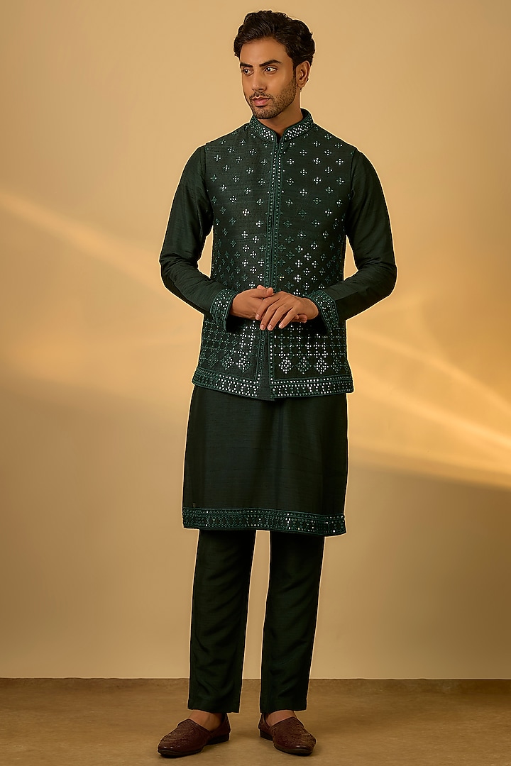 Emerald Green Raw Silk Mirror Embroidered Bundi Jacket Set by SAMMOHAN