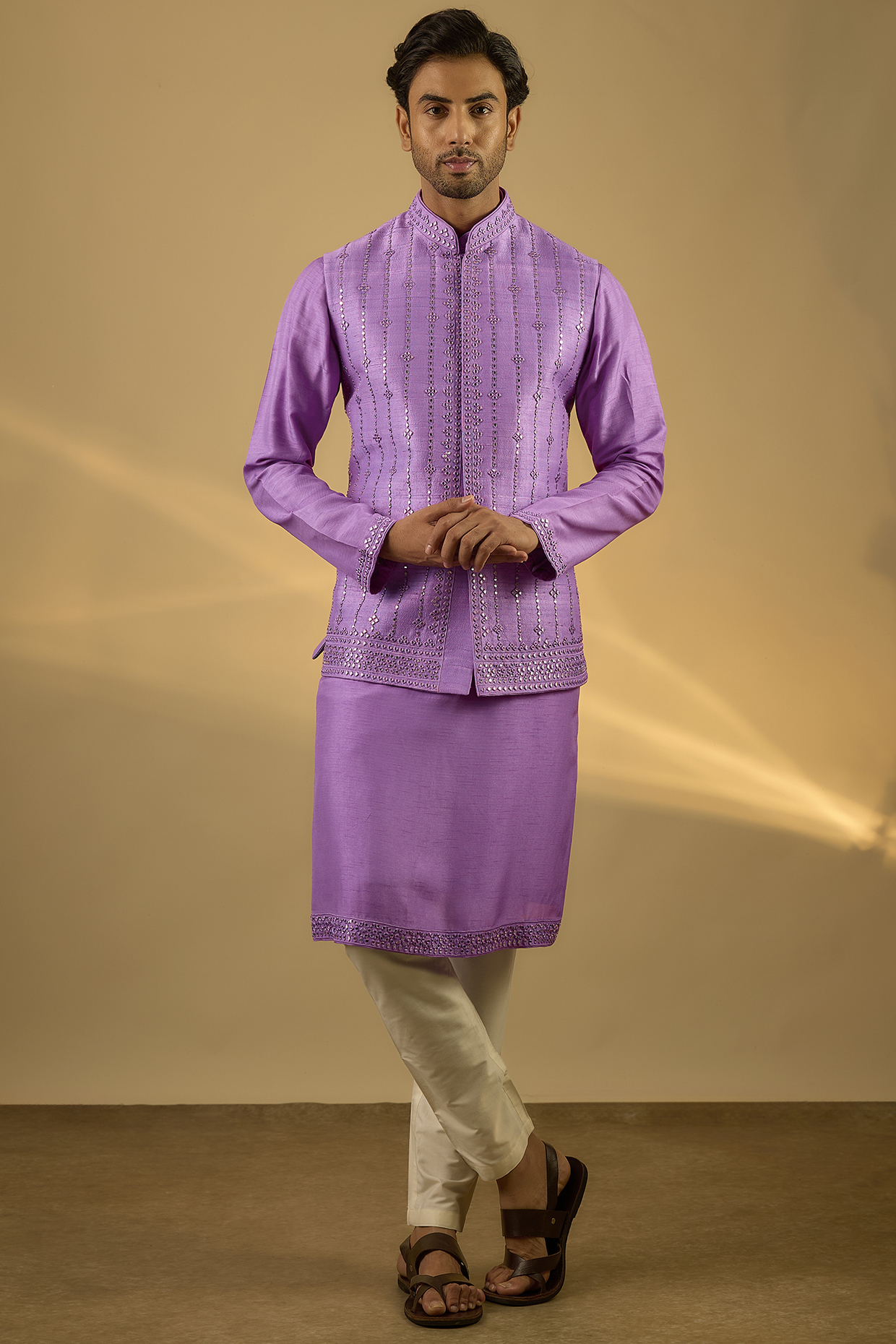 Lilac Raw Silk Mirror Embroidered Bundi Jacket Set by SAMMOHAN