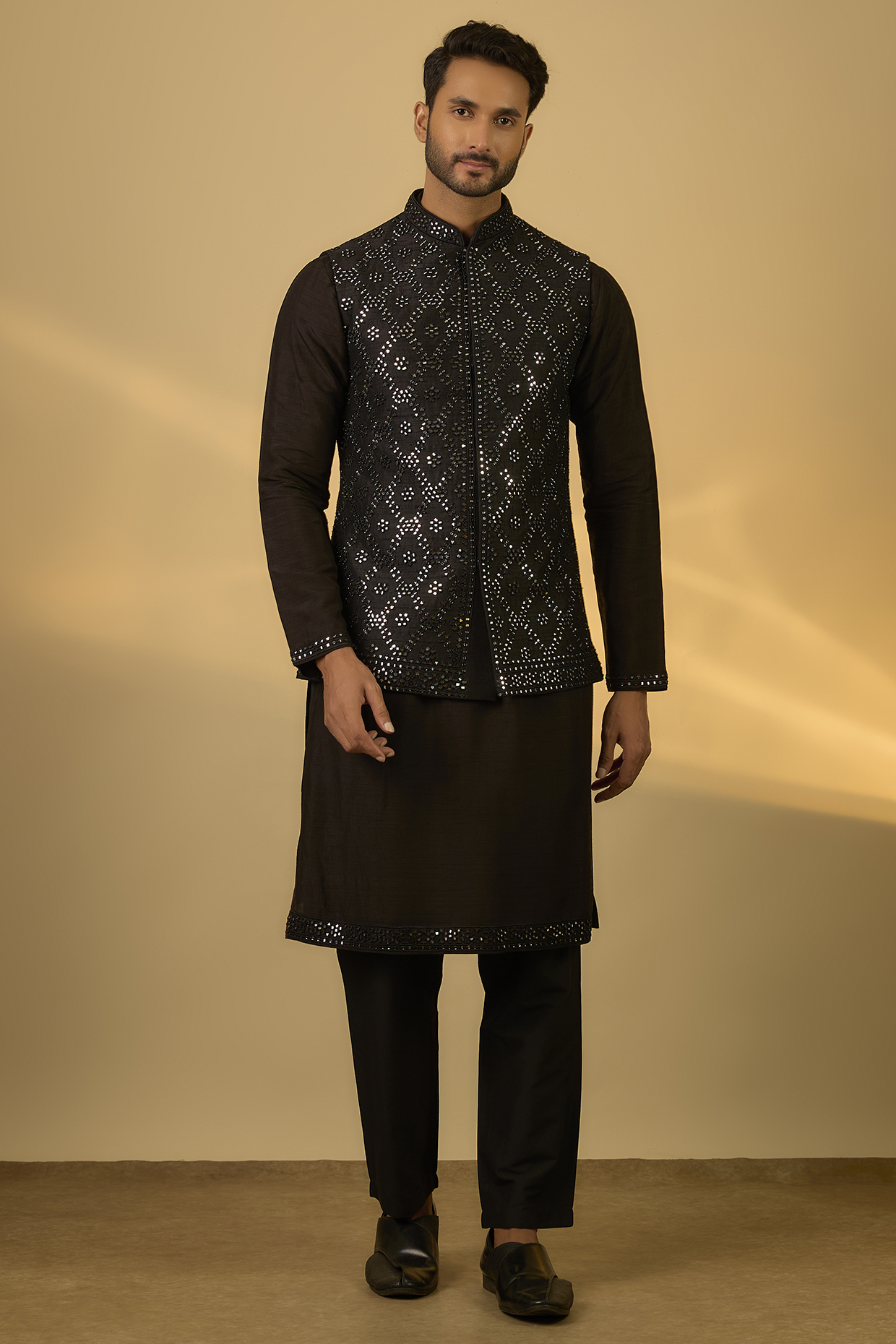 Black Raw Silk Mirror Embroidered Bundi Jacket Set by SAMMOHAN
