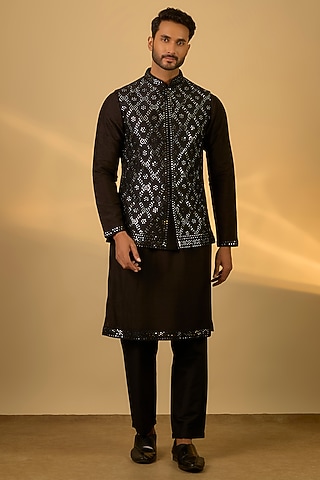 Black Raw Silk Mirror Embroidered Bundi Jacket Set by SAMMOHAN