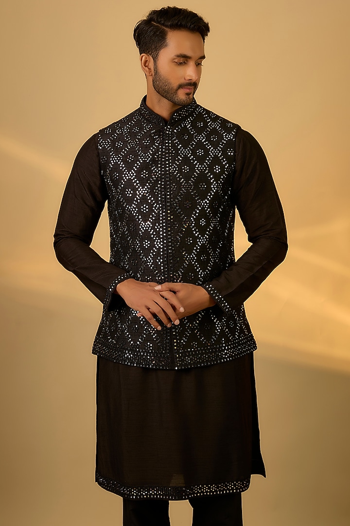 Black Raw Silk Mirror Embroidered Bundi Jacket Set by SAMMOHAN at Pernia's Pop Up Shop