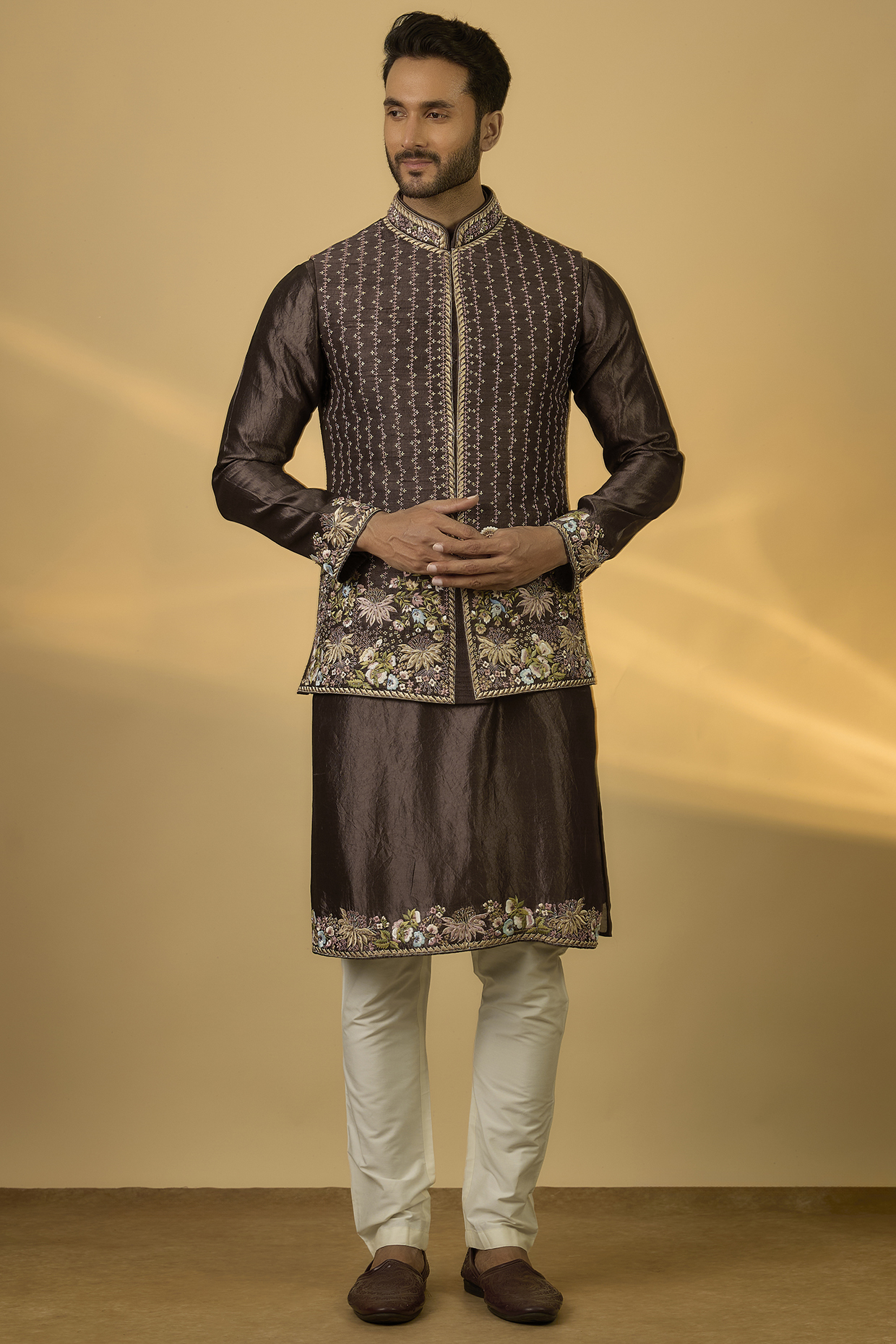 Brown Raw Silk Hand & Machine Embroidered Bundi Jacket Set by SAMMOHAN