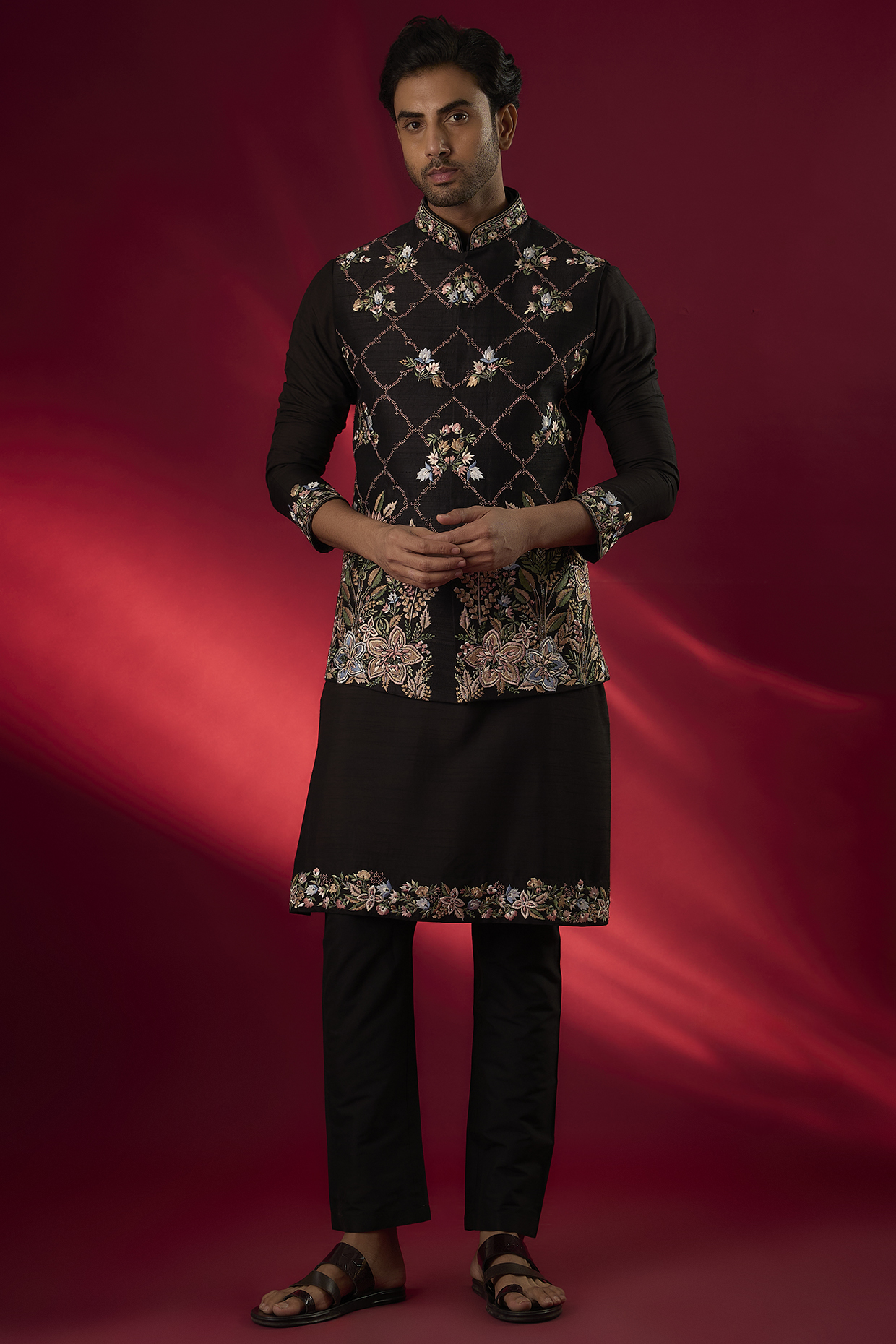 Black Raw Silk Hand & Machine Embroidered Bundi Jacket Set by SAMMOHAN