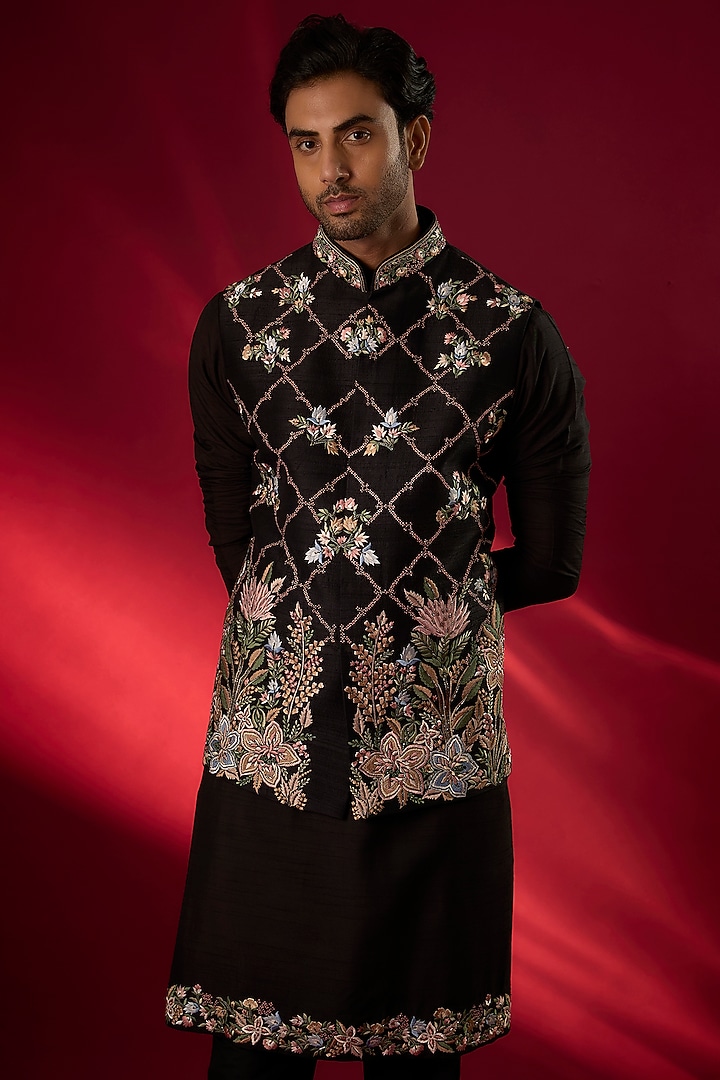 Black Raw Silk Hand & Machine Embroidered Bundi Jacket Set by SAMMOHAN at Pernia's Pop Up Shop
