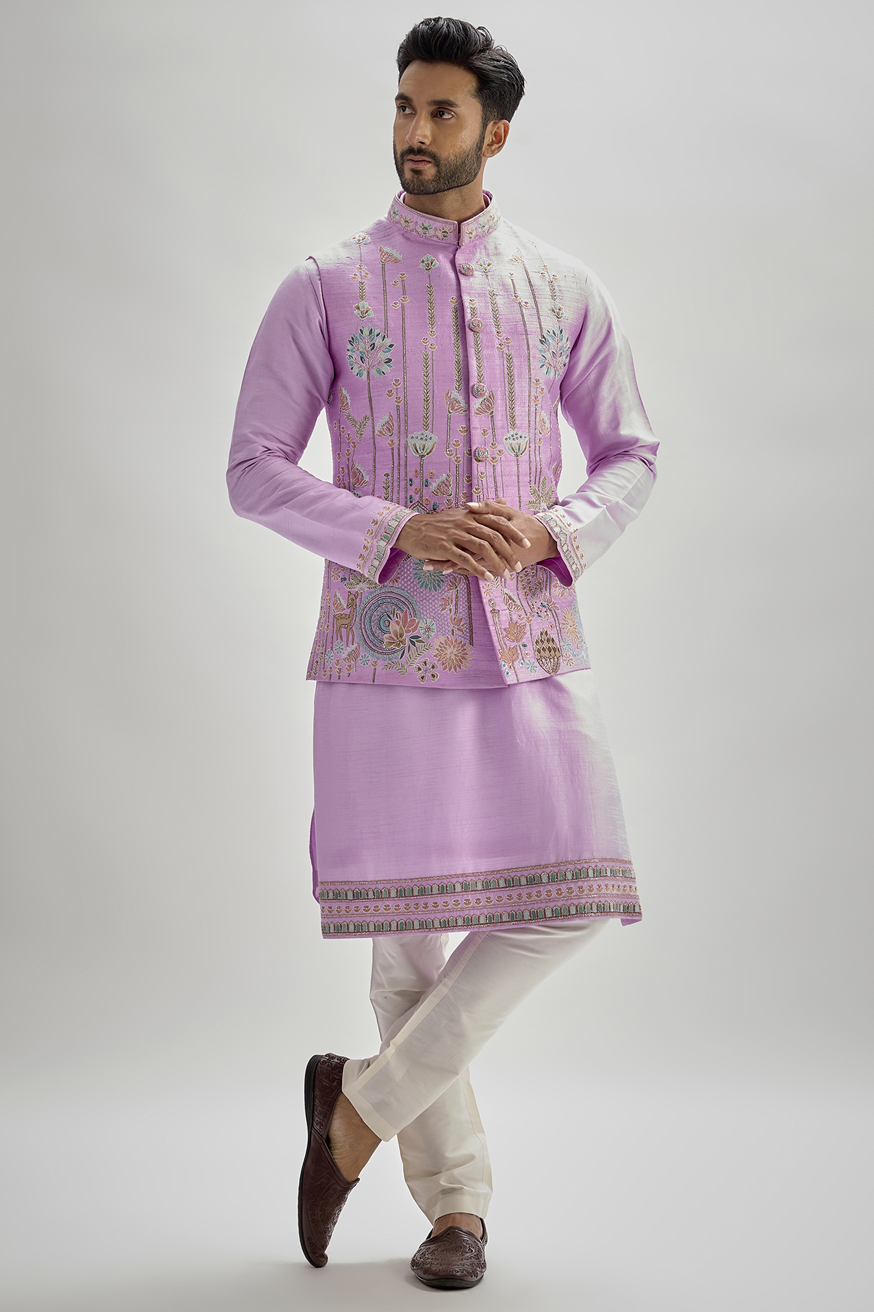 Lilac Raw Silk Resham Embroidered Bundi Jacket Set by SAMMOHAN