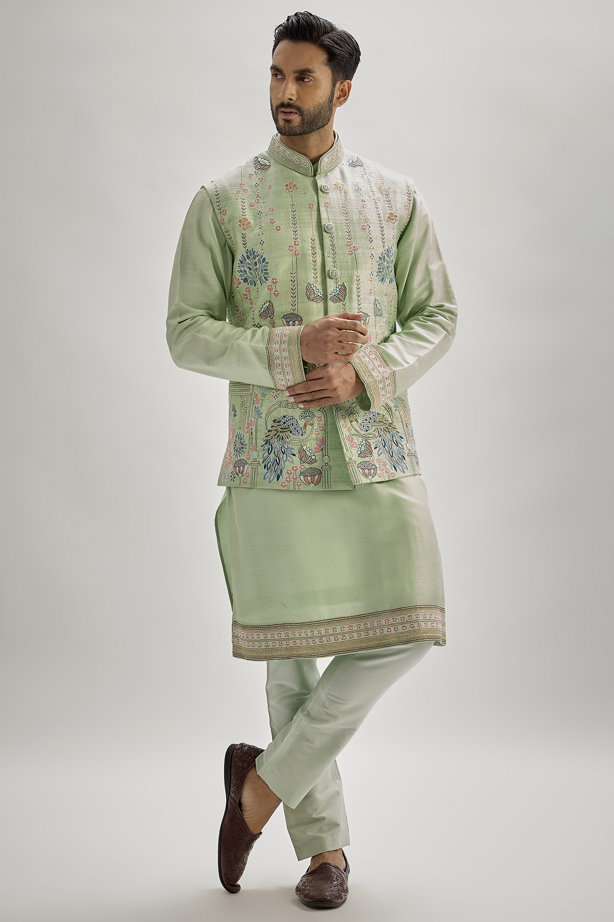 Mint Raw Silk Resham Embroidered Bundi Jacket Set by SAMMOHAN