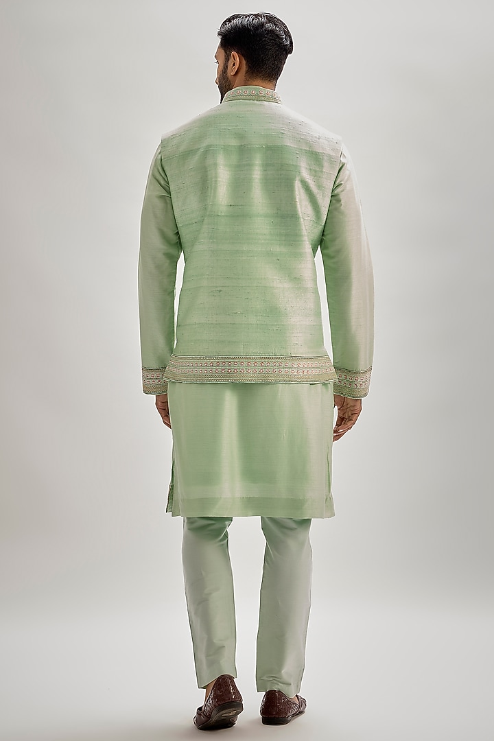 Mint Raw Silk Resham Embroidered Bundi Jacket Set by SAMMOHAN at Pernia's Pop Up Shop