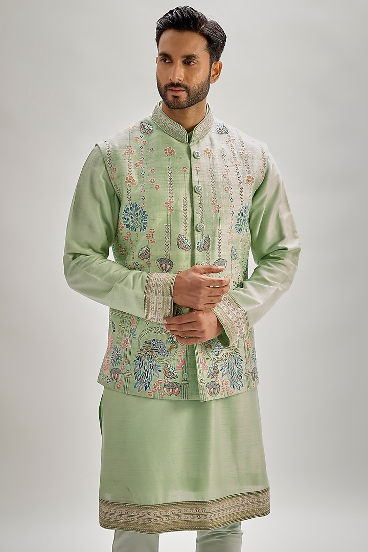 Mint Raw Silk Resham Embroidered Bundi Jacket Set by SAMMOHAN at Pernia's Pop Up Shop