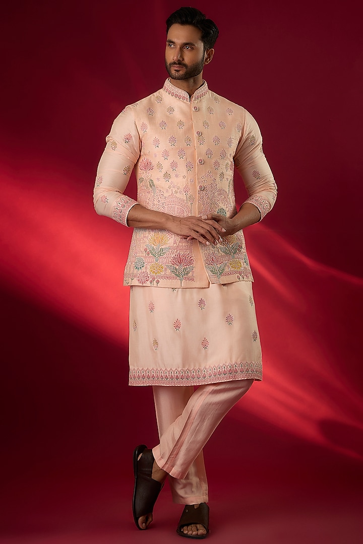 Peach Raw Silk Hand & Machine Embroidered Bundi Jacket Set by SAMMOHAN