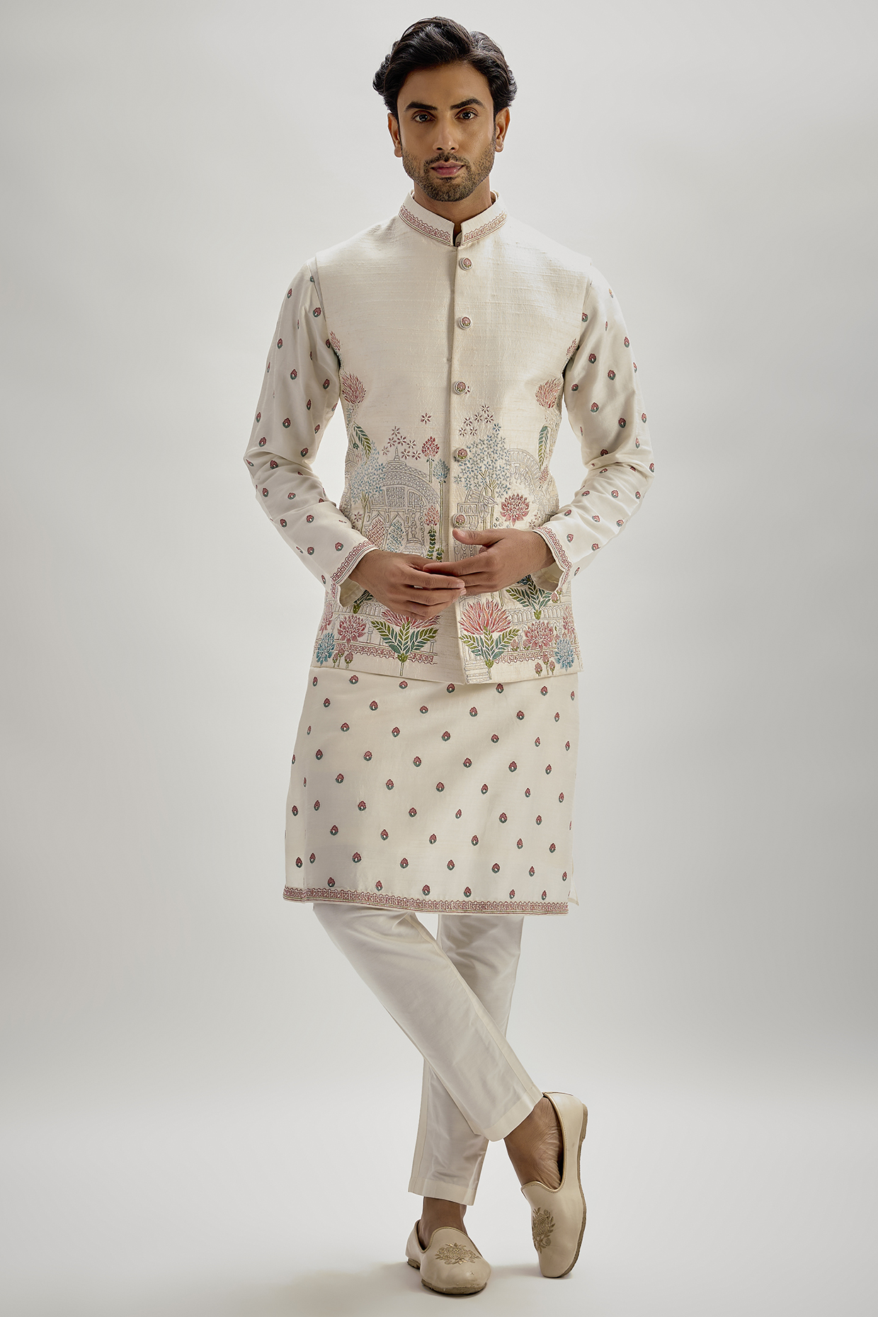 Off-White Raw Silk Resham Embroidered Bundi Jacket Set by SAMMOHAN