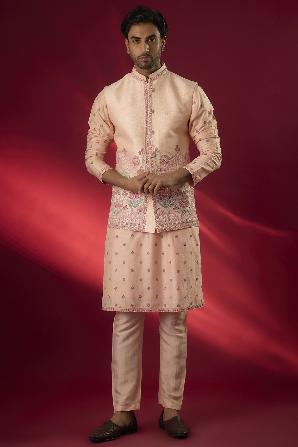 Peach Raw Silk Hand & Machine Embroidered Bundi Jacket Set by SAMMOHAN
