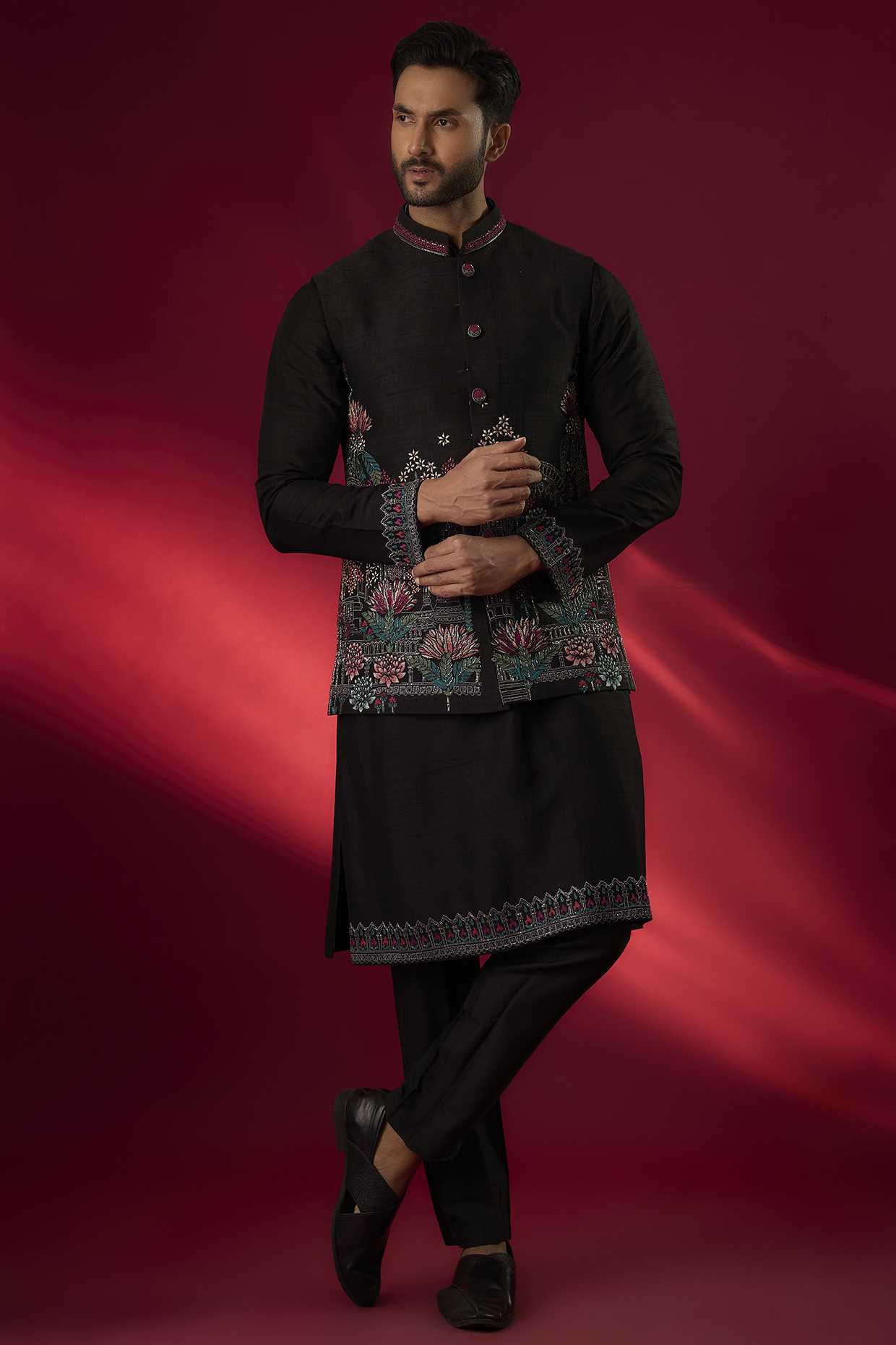 Black Raw Silk Hand & Machine Embroidered Bundi Jacket Set by SAMMOHAN