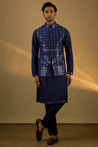 Navy Blue Raw Silk Hand & Machine Embroidered Bundi Jacket Set by SAMMOHAN