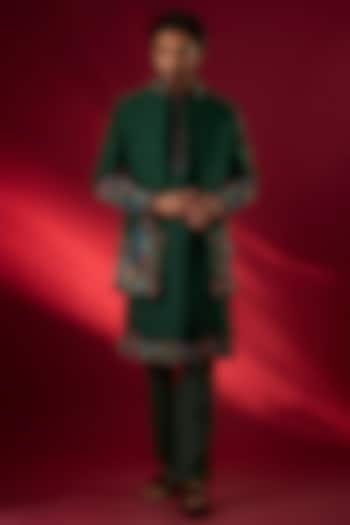 Emerald Green Raw Silk Hand Embroidered Indowestern Set by SAMMOHAN