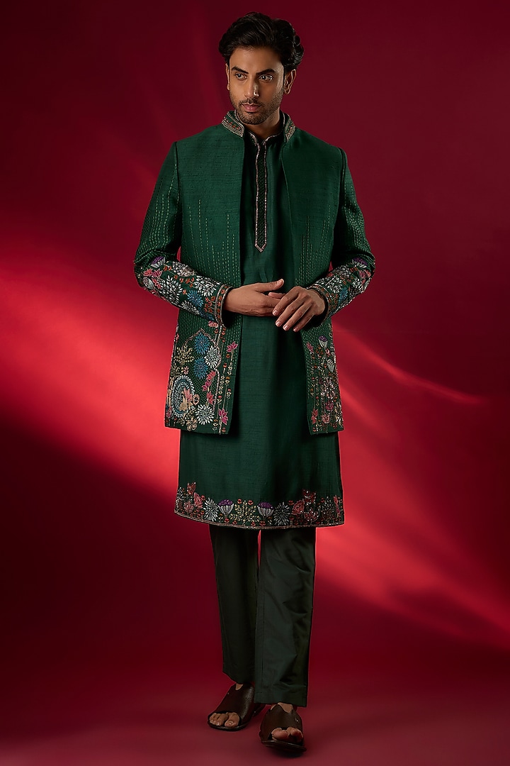 Emerald Green Raw Silk Hand Embroidered Indowestern Set by SAMMOHAN