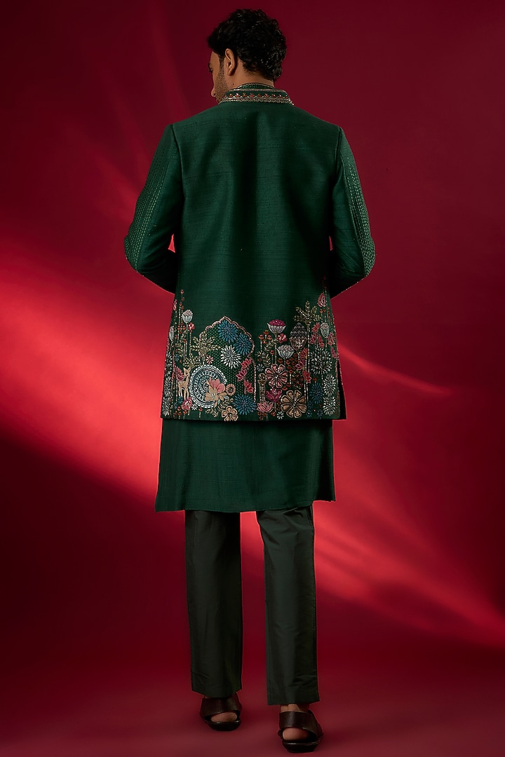 Emerald Green Raw Silk Hand Embroidered Groom Indowestern Set by SAMMOHAN at Pernia's Pop Up Shop