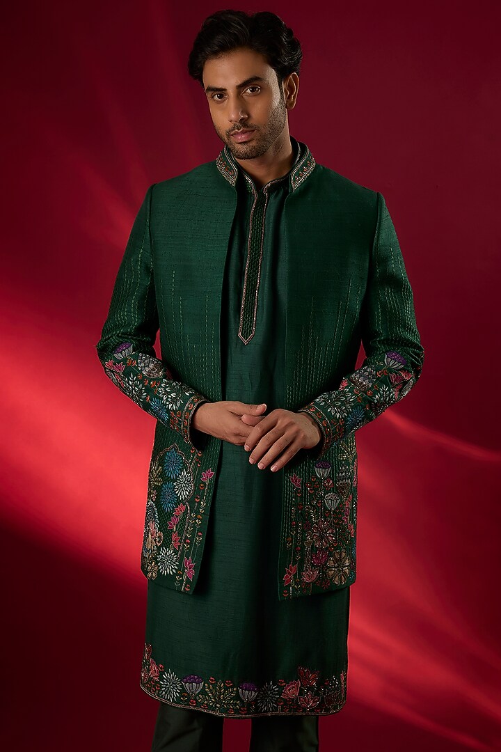 Emerald Green Raw Silk Hand Embroidered Groom Indowestern Set by SAMMOHAN at Pernia's Pop Up Shop