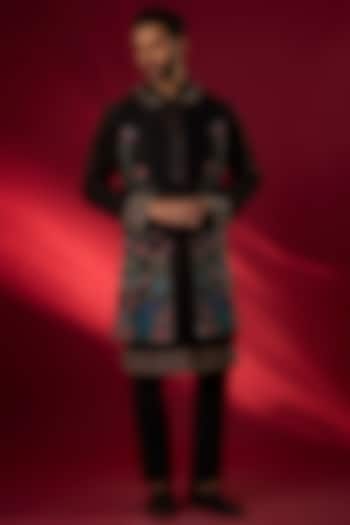 Black Raw Silk Hand & Machine Embroidered Wedding Indowestern Set by SAMMOHAN at Pernia's Pop Up Shop