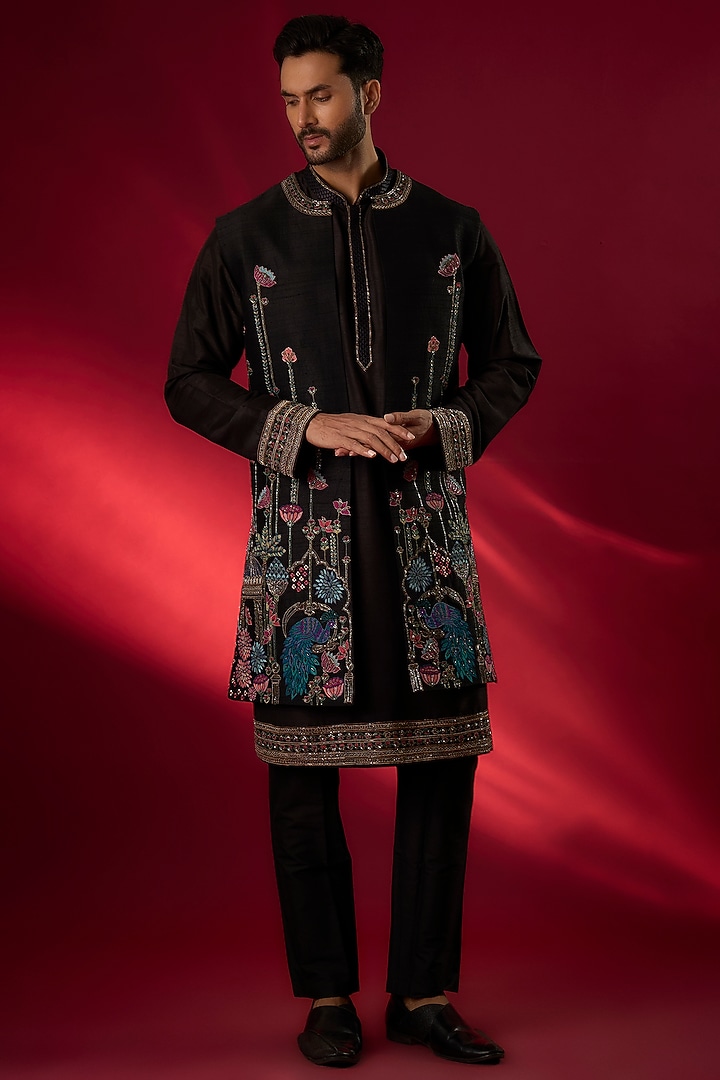 Black Raw Silk Hand & Machine Embroidered Wedding Indowestern Set by SAMMOHAN at Pernia's Pop Up Shop