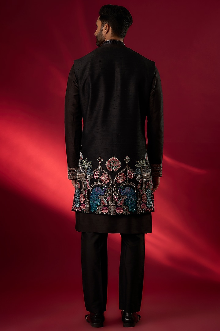 Black Raw Silk Hand & Machine Embroidered Wedding Indowestern Set by SAMMOHAN at Pernia's Pop Up Shop