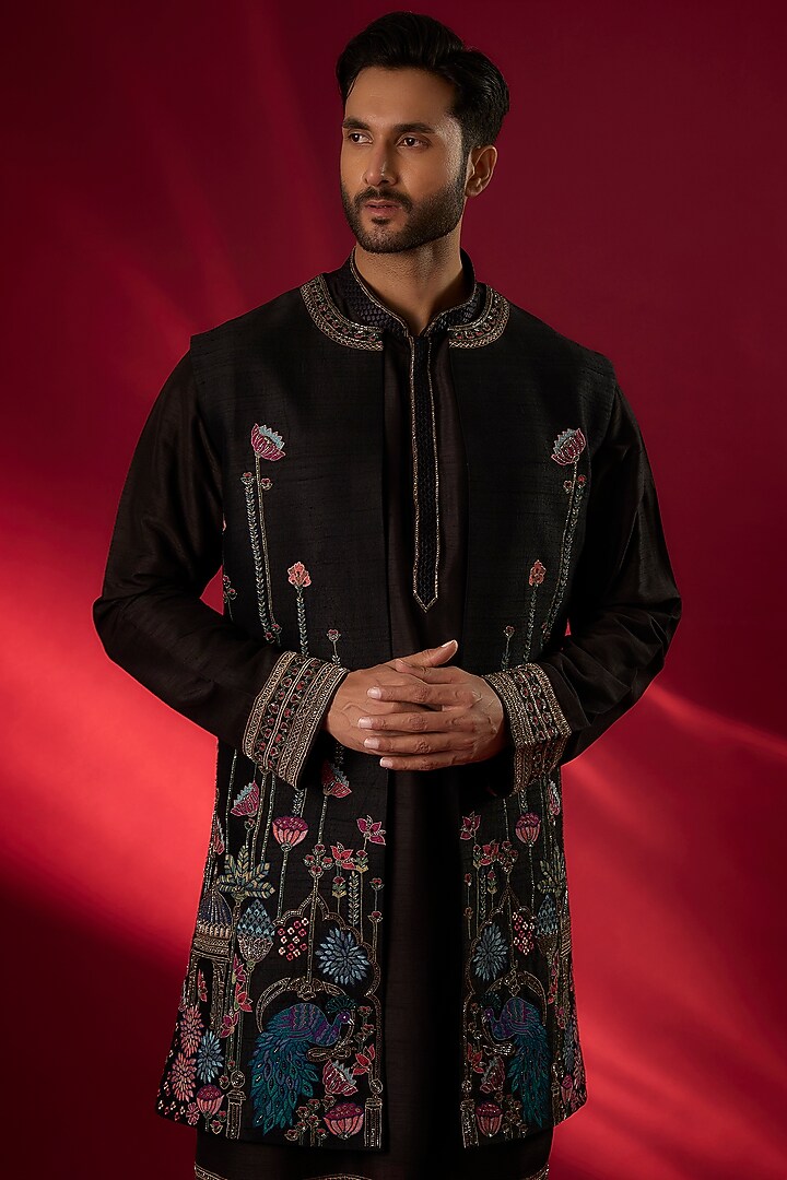 Black Raw Silk Hand & Machine Embroidered Wedding Indowestern Set by SAMMOHAN at Pernia's Pop Up Shop